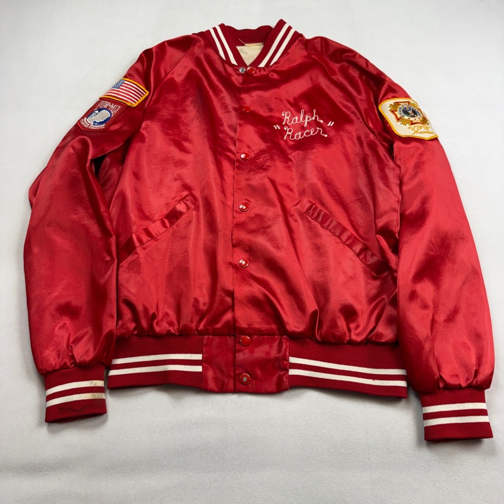 VTG VFW Post 6978 Whiteland IN Satin Bomber Jacket Red Ralph Racer Patches